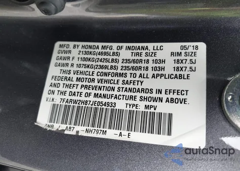 2018 Honda Cr-V Ex-L/Ex-L Navi from USA, damaged, VIN 7FARW2H87JE054933